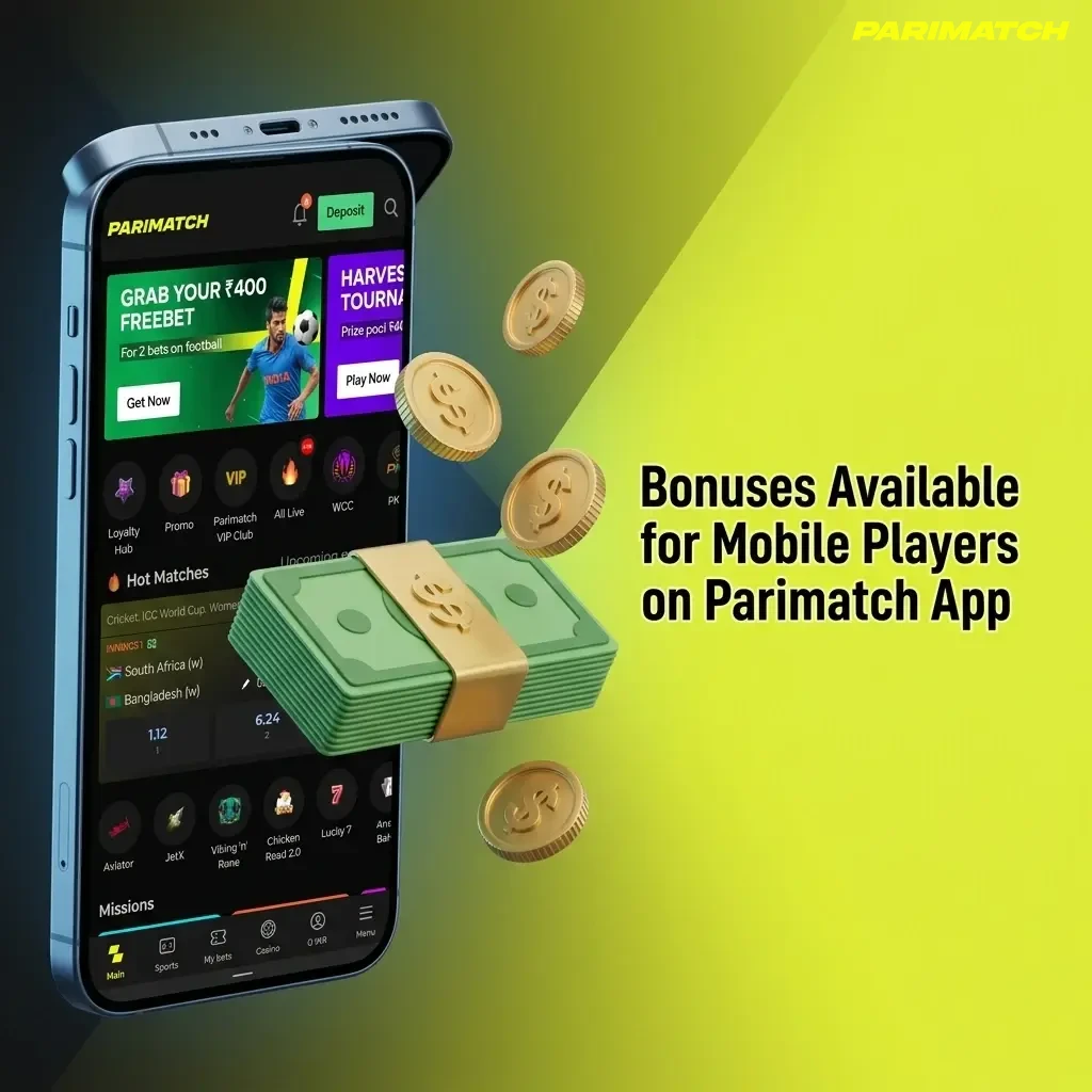 Parimatch App mobile bonuses including welcome offers for sports, live casino, slots, IPL, and instant games