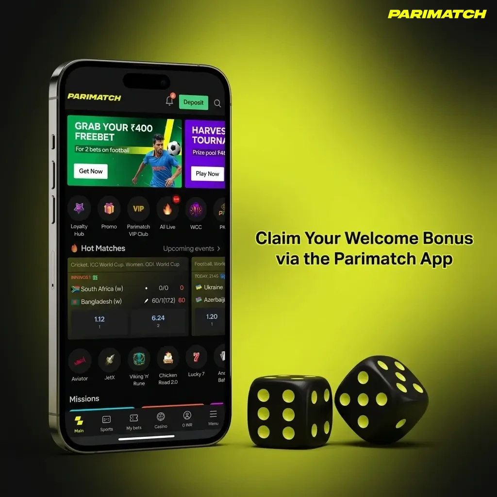 Parimatch App on Android and iOS showing welcome bonus claim steps including registration and deposit process
