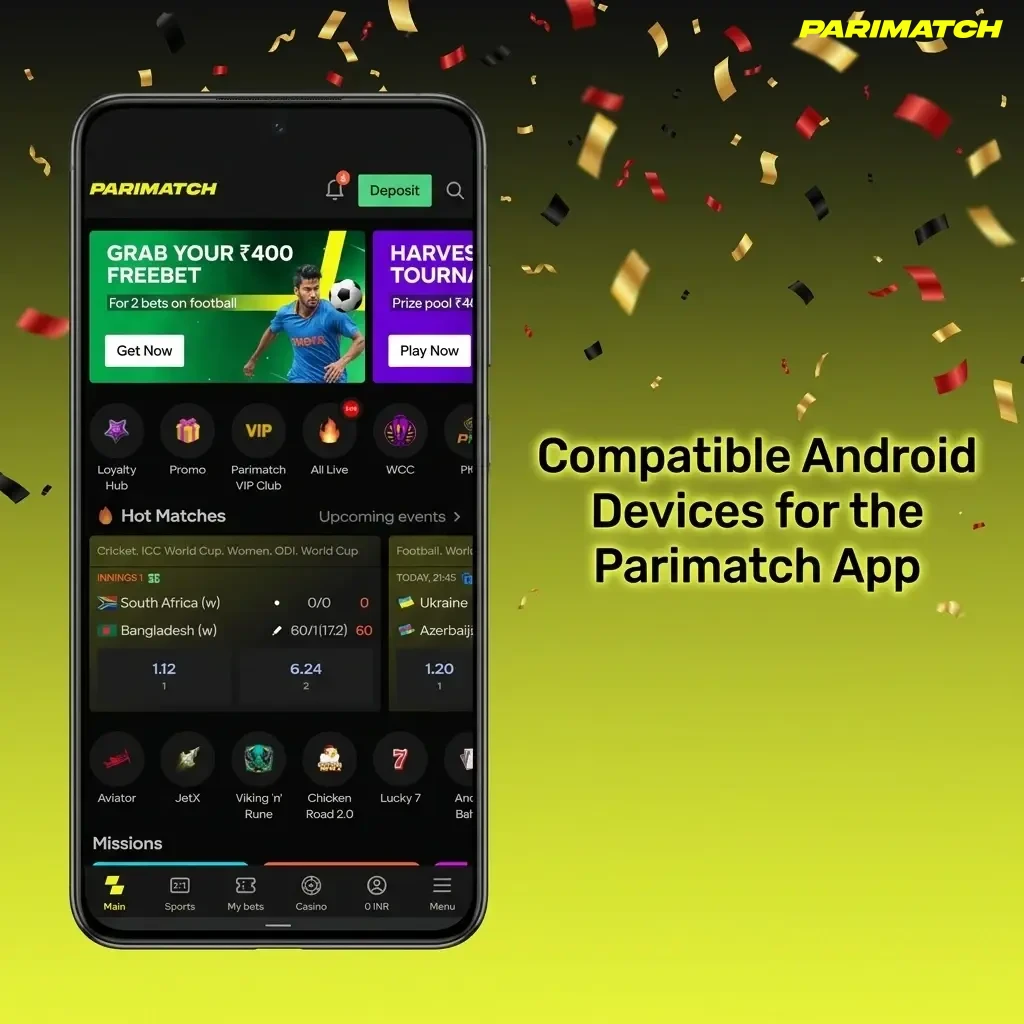 Popular Android smartphones compatible with Parimatch App in India including Samsung, Redmi, OnePlus, and Realme models