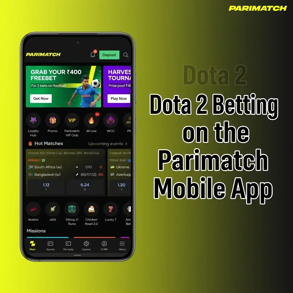 Parimatch App mobile interface showing live Dota 2 betting markets, esports section, and deposit options for Indian players