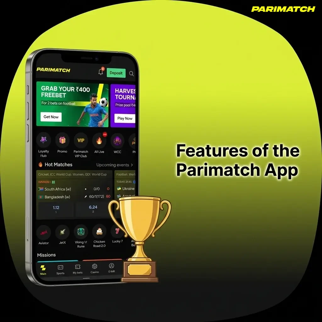 Parimatch App features including live betting, casino games, deposits, withdrawals, and notifications for Indian players