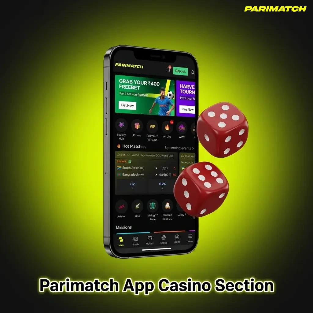 Parimatch App casino section showing live games, slots, and table games from top developers like Pragmatic Play and NetEnt