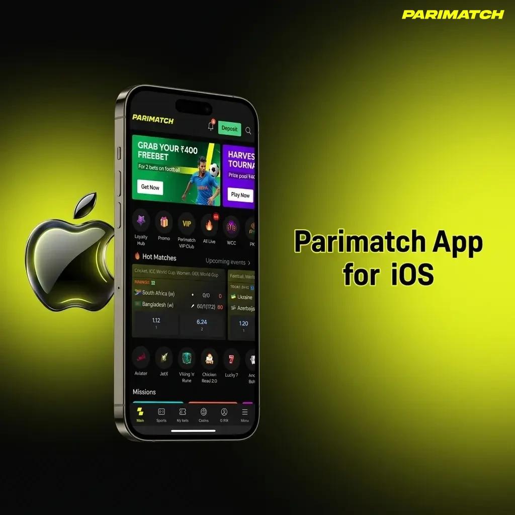 Parimatch iOS app interface on iPhone and iPad showing sports betting and live casino features for Indian users