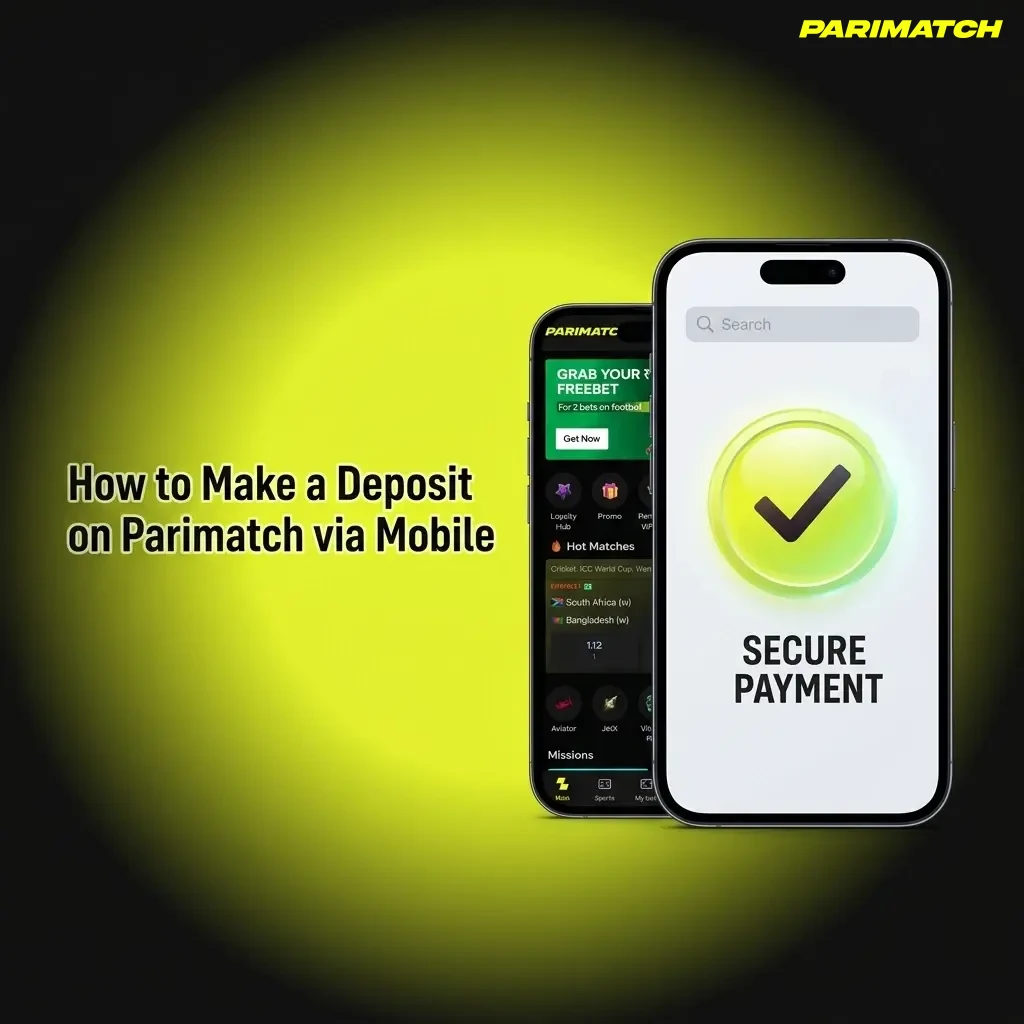 Parimatch mobile deposit guide showing UPI, PhonePe, Paytm payment options for Indian users with INR 300 minimum