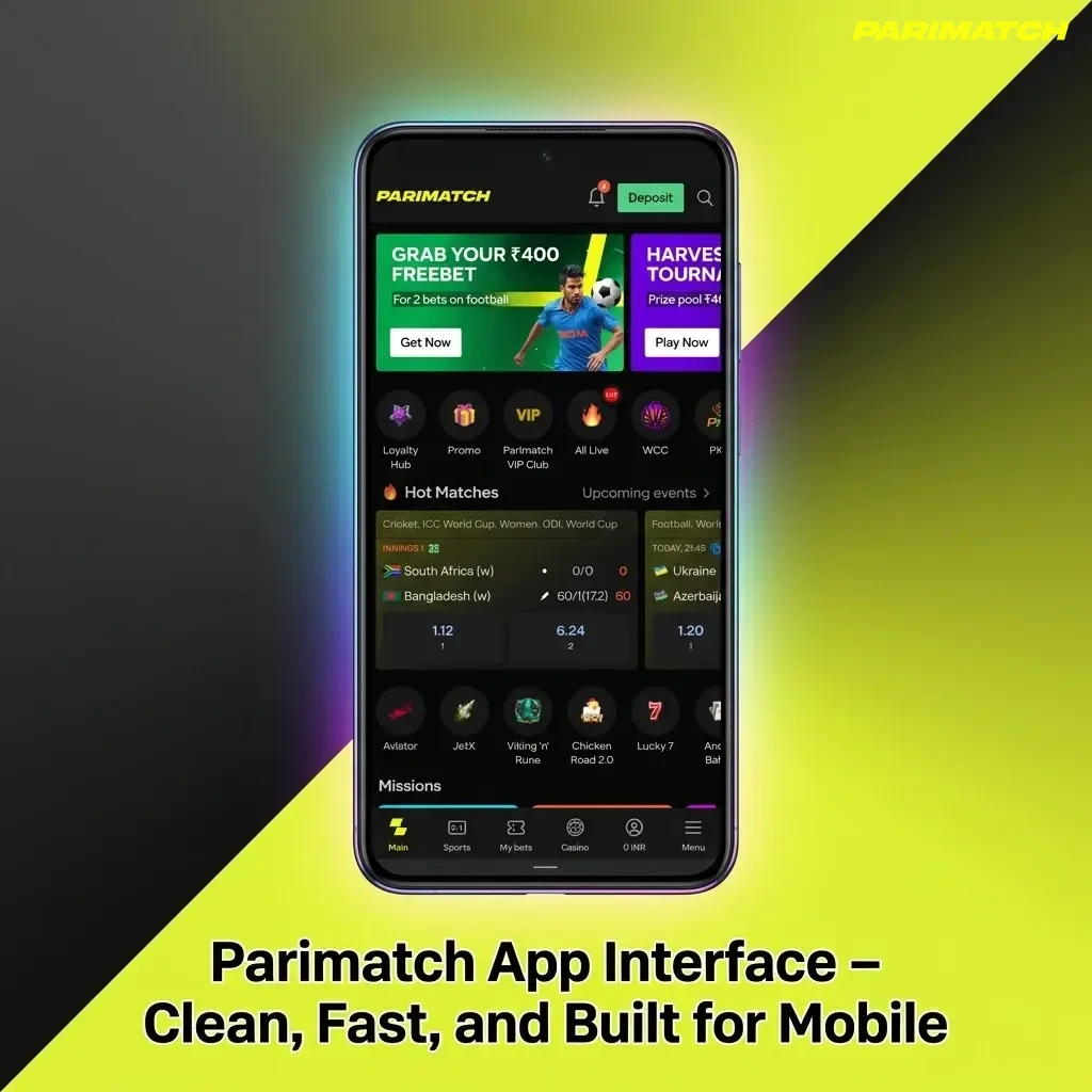 Parimatch mobile app interface showing clean navigation bar, large tap targets, and fast-loading sports and casino sections
