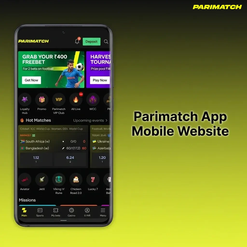 Parimatch mobile website optimised for smartphones and tablets with sports betting, casino games and payment options