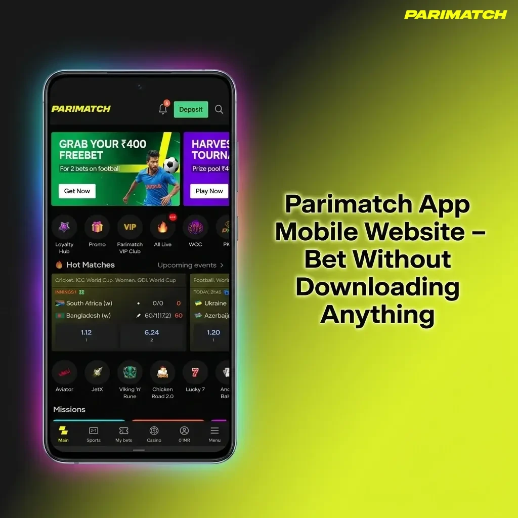Parimatch mobile website interface showing sports betting and live casino access via smartphone browser without downloading