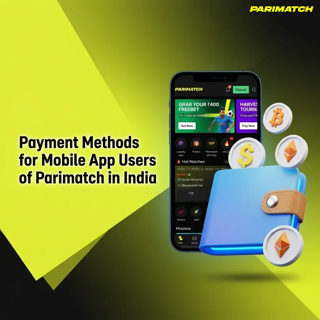 Parimatch India app payment methods including UPI, Paytm, Net Banking, Crypto, and cards with INR deposit limits