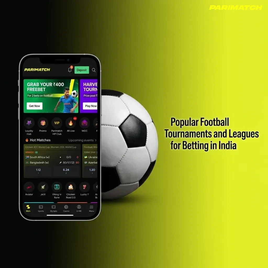 Football tournaments and leagues for betting in India including UEFA, FIFA, EPL, La Liga, Serie A, and ISL on Parimatch