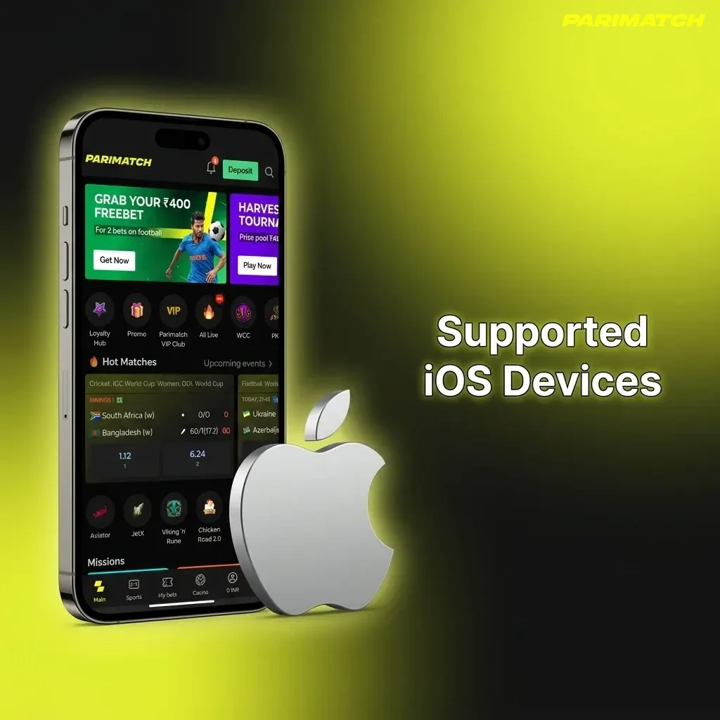 Parimatch app supported iOS devices list including iPhone SE, iPhone 11 to 15 Pro Max, iPad Air, iPad Pro, iPod Touch
