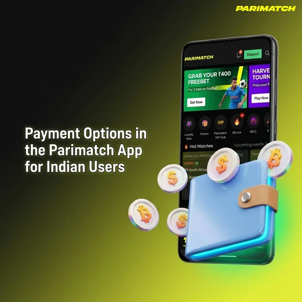 Payment options in Parimatch app for Indian users including UPI, PhonePe, PayTM, Net Banking, and Cryptocurrency