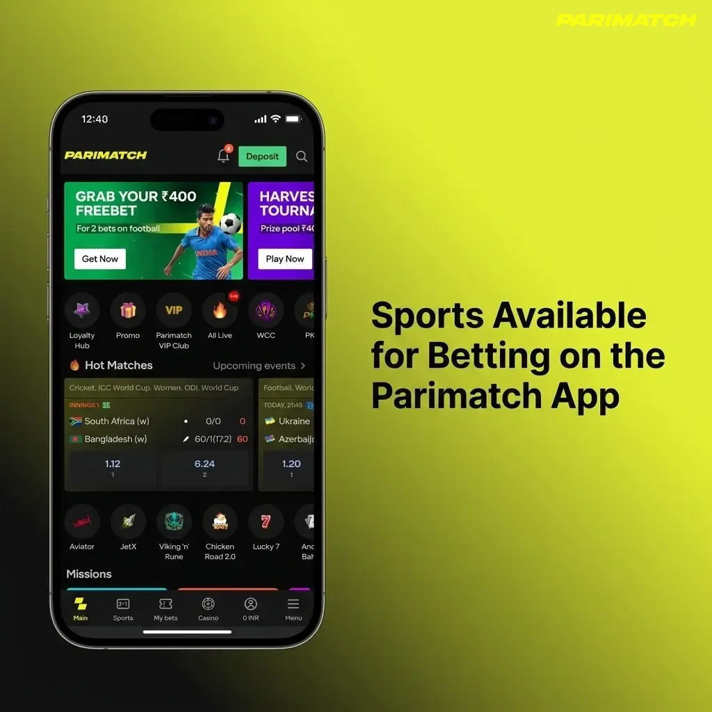 Parimatch app sports betting options including cricket, football, kabaddi, tennis, basketball, and esports for Indian players