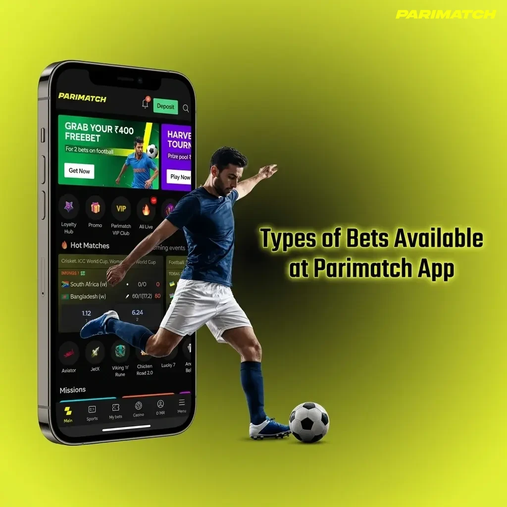 Parimatch app bet types including single, accumulator, system, live, and totals bets explained